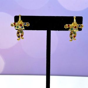 Adorable Vintage Articulate Clown Earrings With Swarovski Crystal Accents